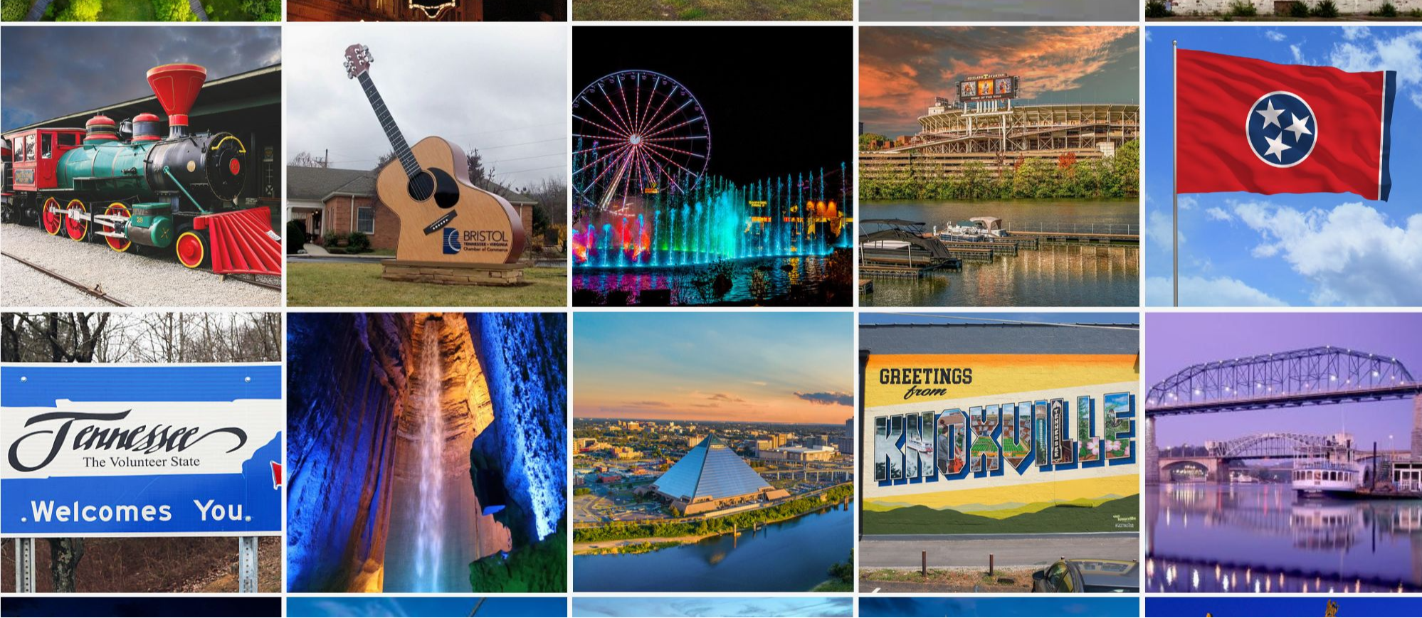 A collage showcasing iconic Tennessee landmarks and symbols. Highlights include the Tennessee state flag, the 'Tennessee Welcomes You' road sign, famous city names like Memphis and Knoxville, the Bristol Motor Speedway sign, Nashville's neon guitar, and the Parthenon in Centennial Park. The collage also features natural attractions like waterfalls, mountain views, and activities like a Ferris wheel, ski lift, and scenic railroads. Other notable elements include a stadium, a suspension bridge, and a pyramid-shaped buildingtory design announcing an achievement for a Tennessee school. At the top, against a black background speckled with various sized stars, a prominent golden number '6' is highlighted, representing six years of continuous recognition. The text "YEARS IN A ROW" follows in smaller font. Below, larger text reads "STUDENT GROWTH & ACHIEVEMENT," emphasizing the school's accomplishments. The lower section of the image has a golden band with the text "TN REWARD SCHOOL" in large, bold letters, distinguishing the school's status. The overall design combines black and gold, suggesting elegance and success.