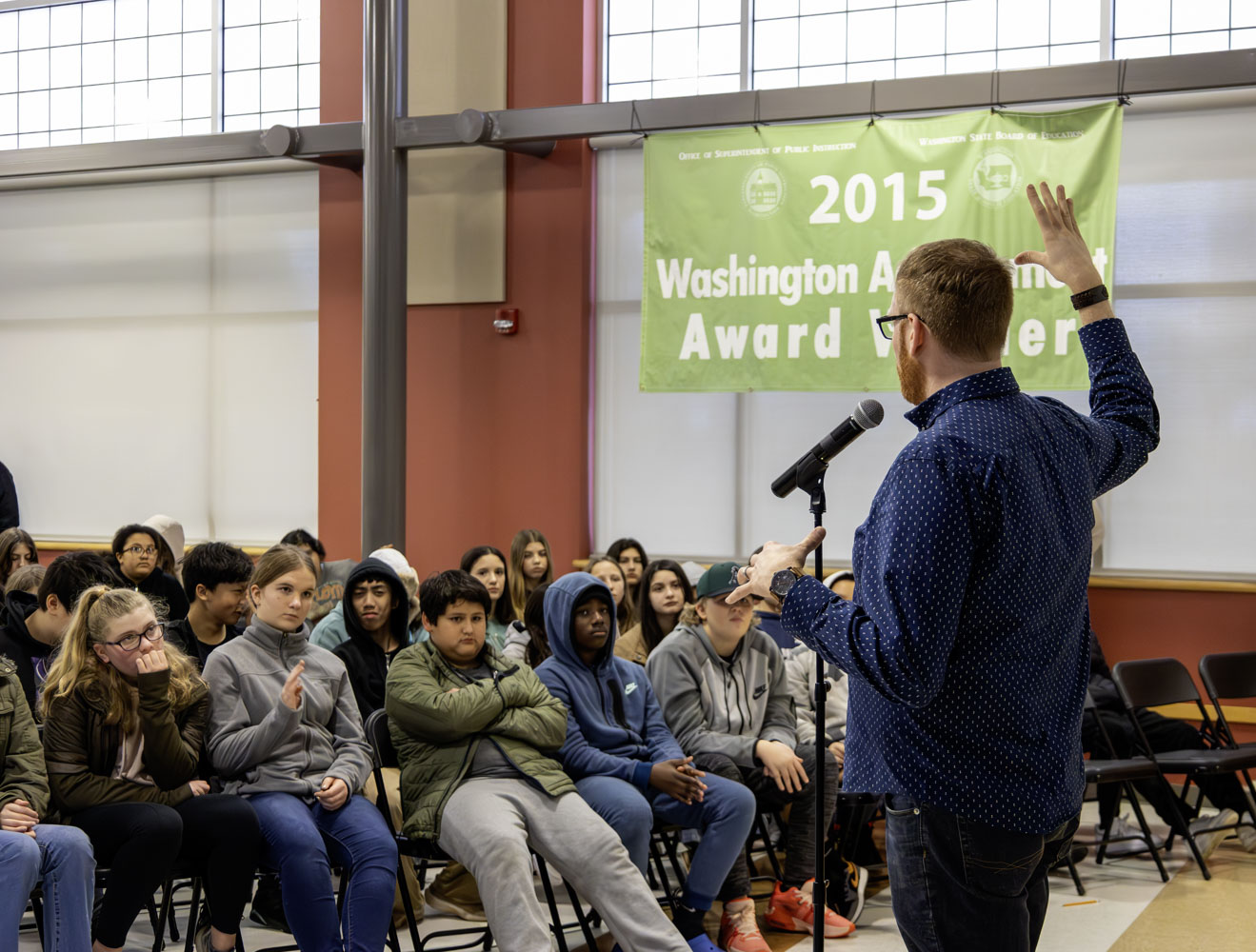 Inspirational speaker Jeff Veley talks to students at Laurin Middle School