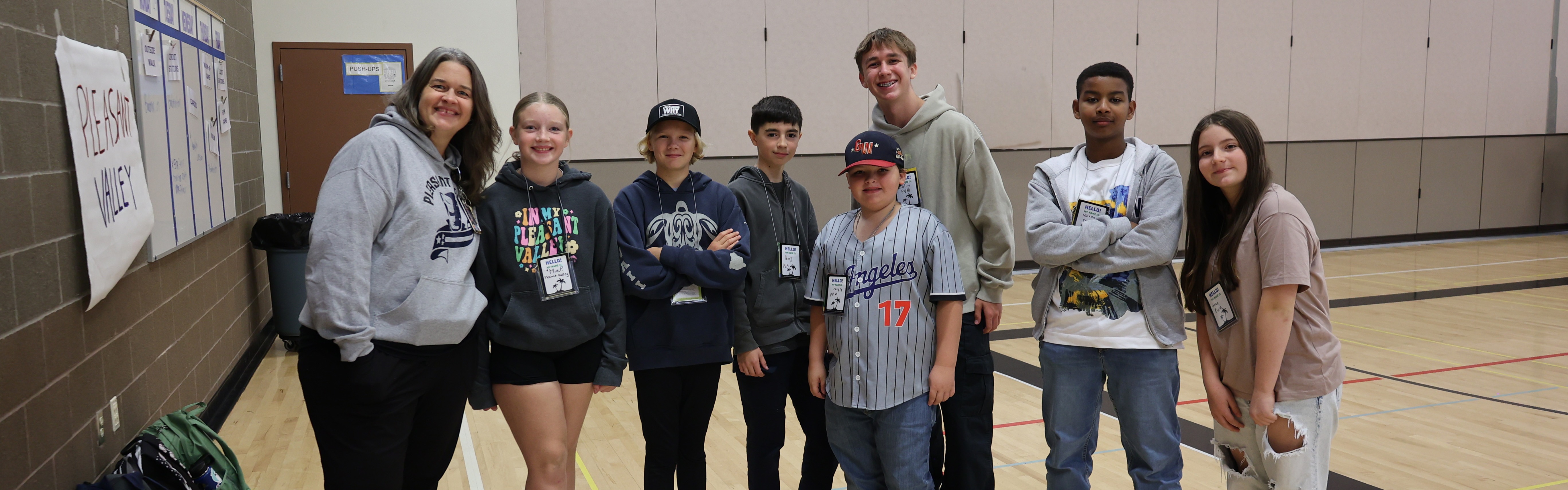 Students pose for a picture during a leadership activity.