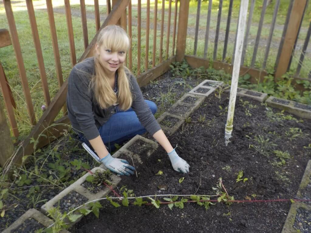 Woman tending to a small garden bed.