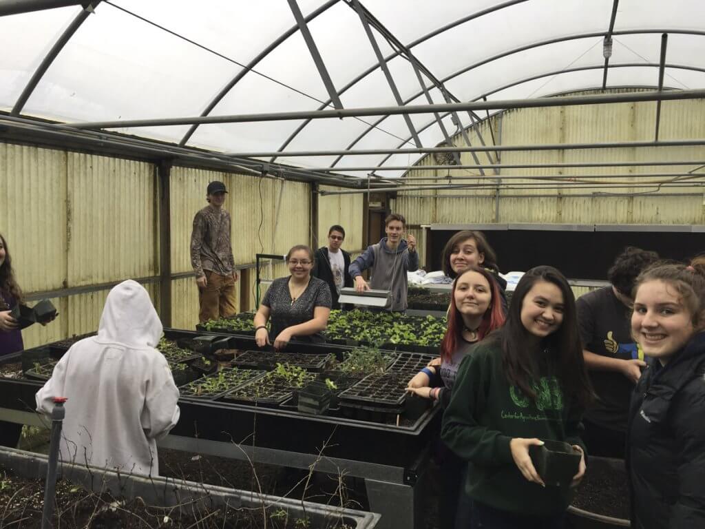 Several people are standing around an indoor greenhouse, examining the plants and pots.