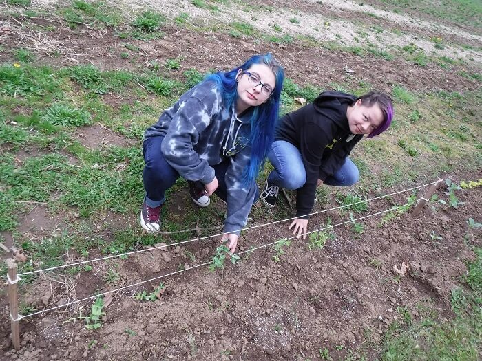 Two people standing in a dirt field, both kneeling and tending to plants or soil.