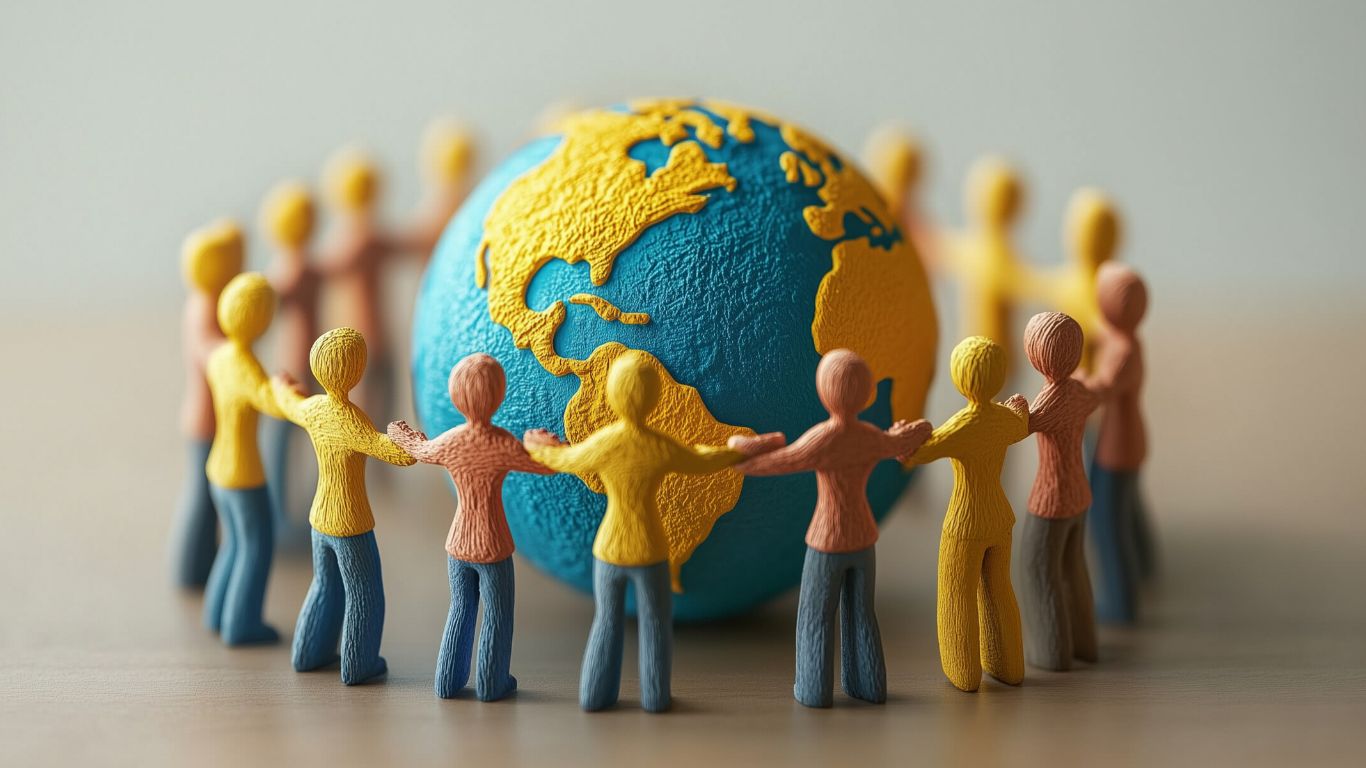 Small clay figures standing in a circle around a clay globe