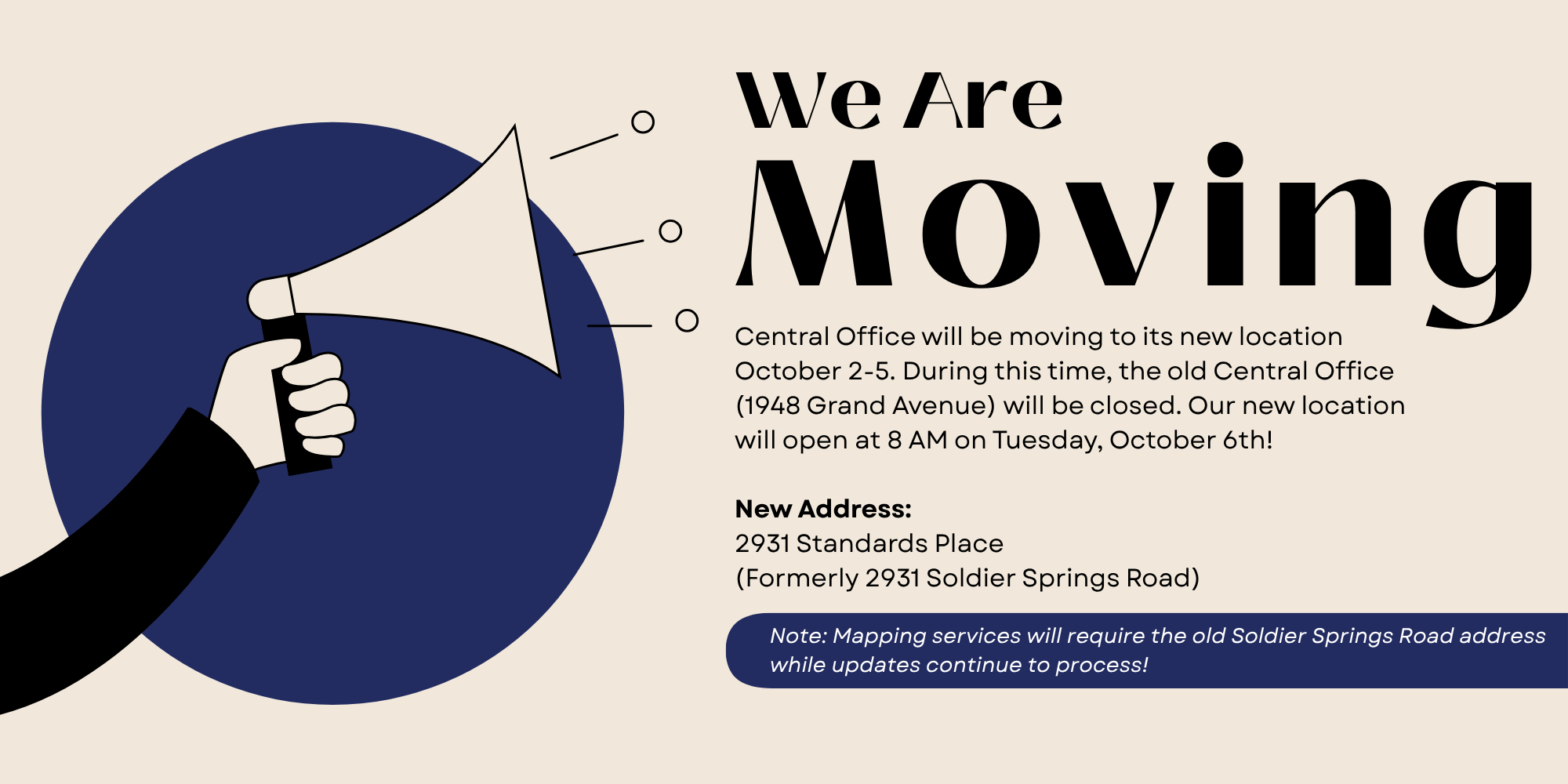 We are Moving! October 2-5, new location is 2931 standards place