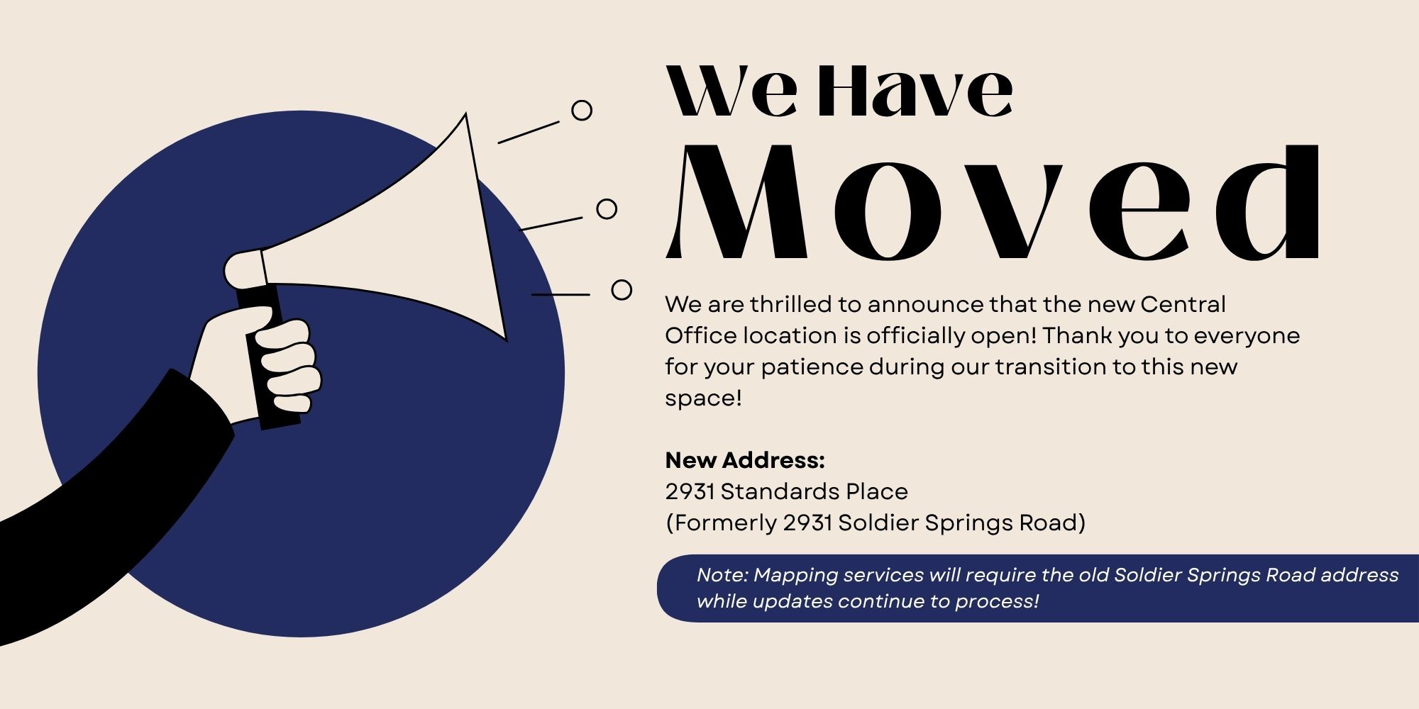 We have moved, our new central office address is 2931 Standards Place, Laramie Wyoming