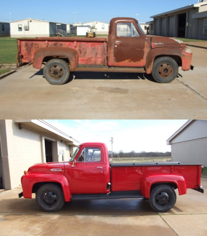 Two images of a vintage red truck, one showing its worn condition and the other displaying its restored state.