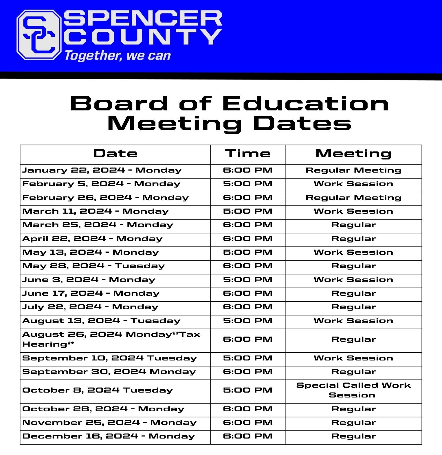 Board of Education Meeting Dates