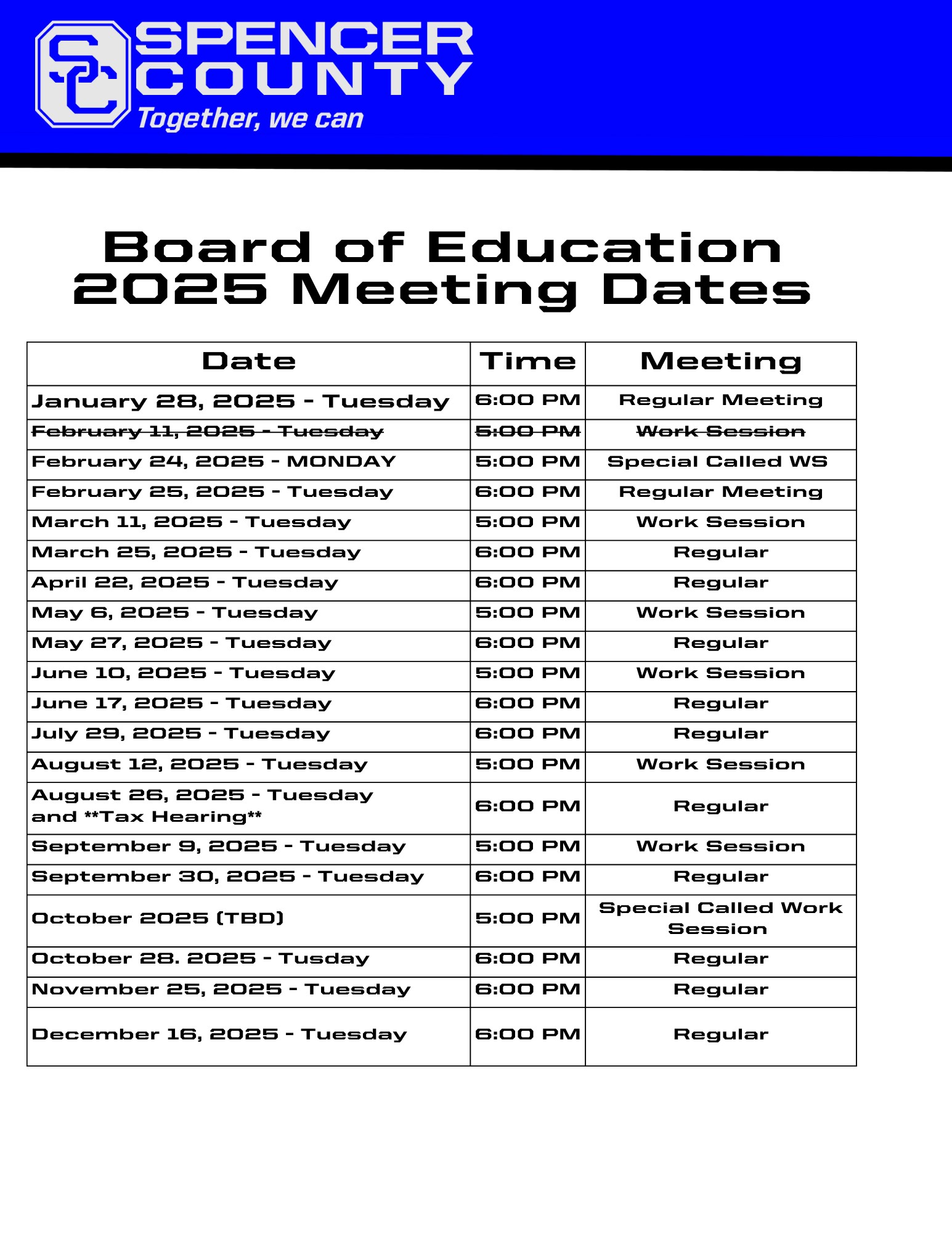 Revised 2025 Board Meeting Dates