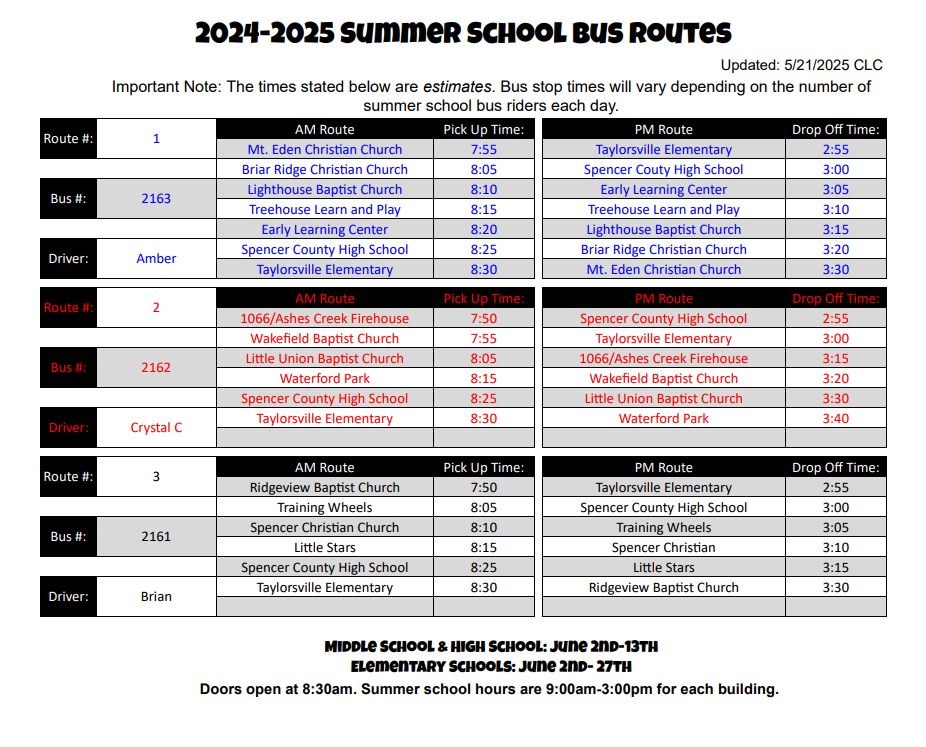 2025 Summer School Routes