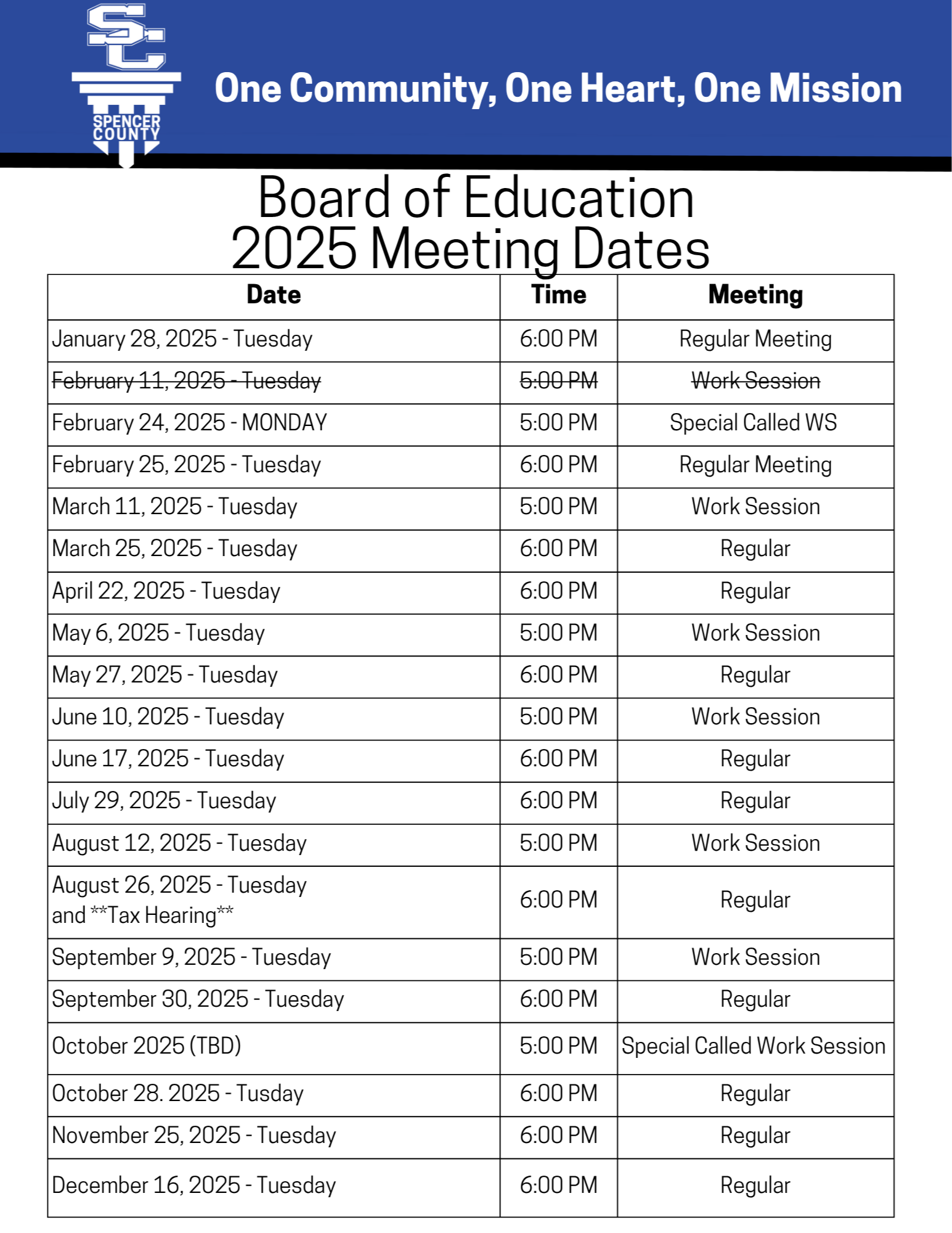 Revised 2025 Board Meeting Dates