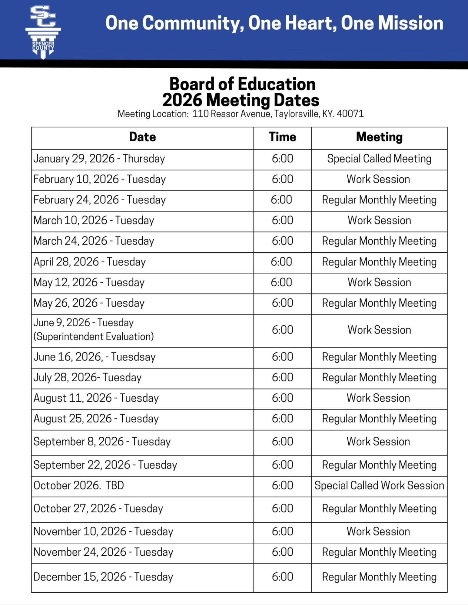 2026 Board Meeting Dates