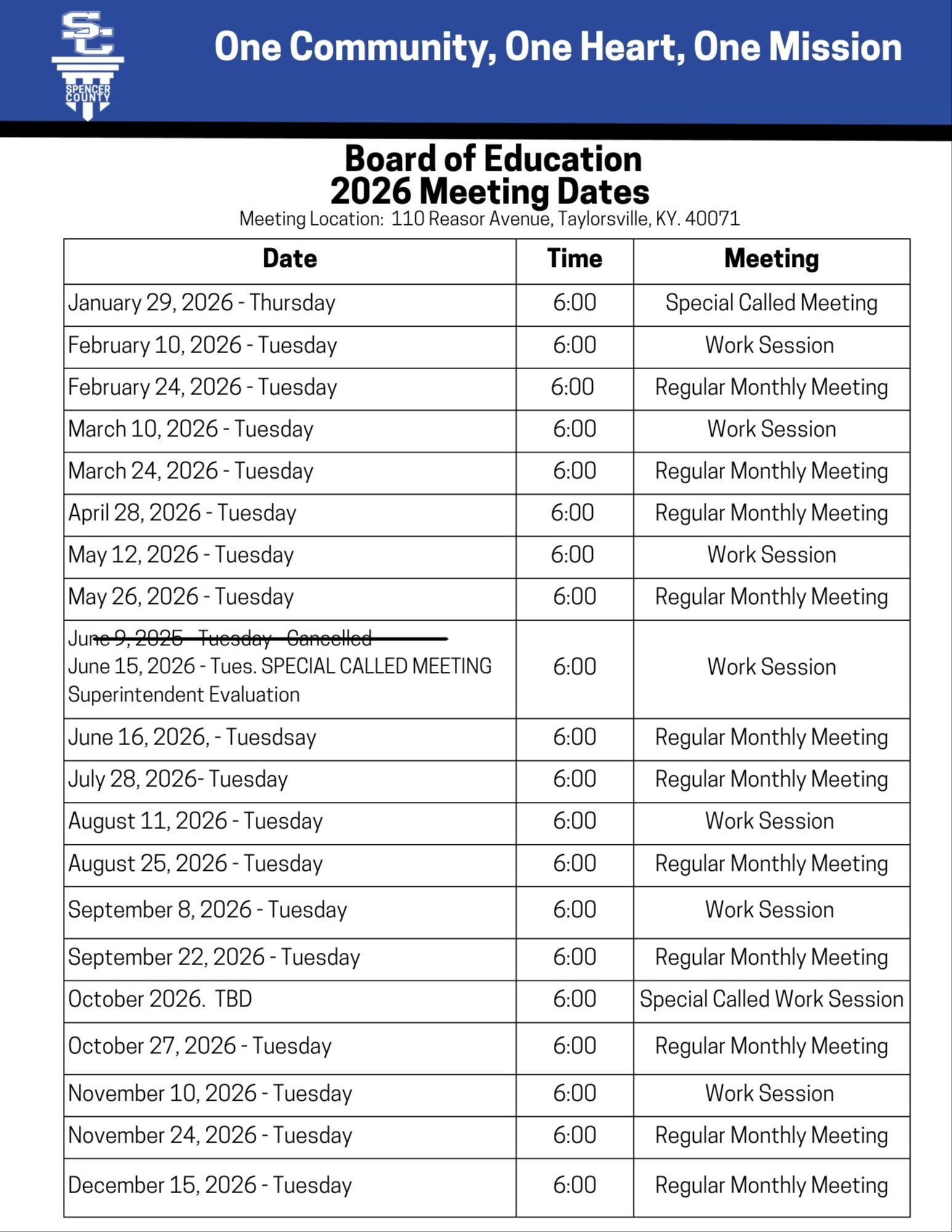 2026 Board Meeting Dates