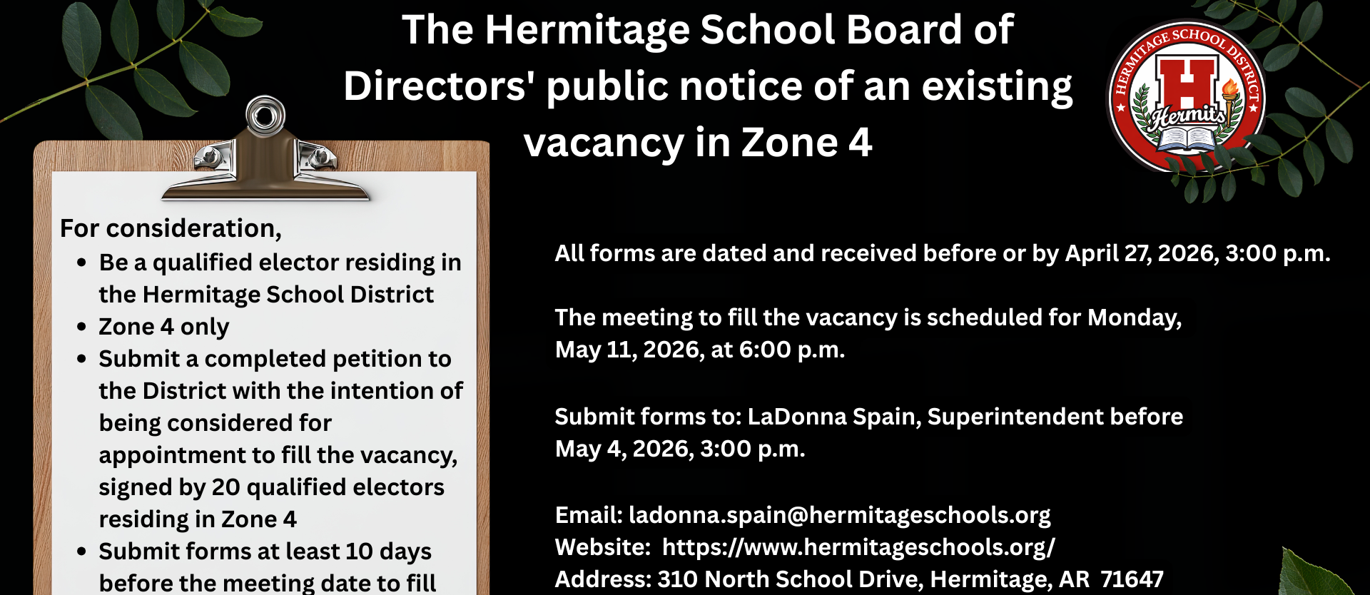 PUBLIC NOTICE  - HERMITAGE SCHOOL DISTRICT  BOARD OF DIRECTORS VACANCY – ZONE 4