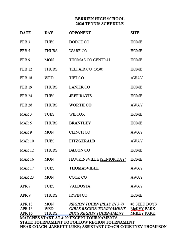 BHS Tennis Schedule