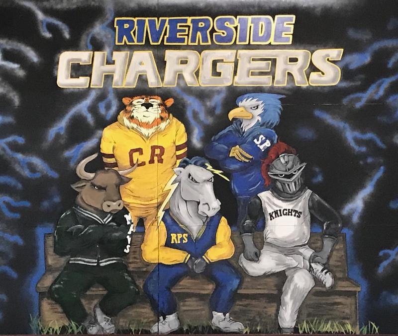 A drawing of various school mascots with the title of "Riverside Chargers"