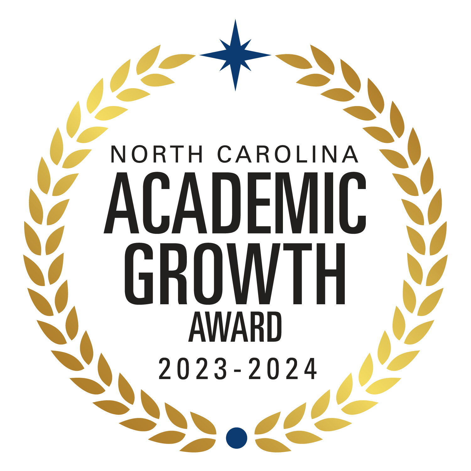 a picture of a gold wreath with a dot at the bottom and a star at the top of the wreath. Written on it is exceeded north carolina academic growth award 2022-2023