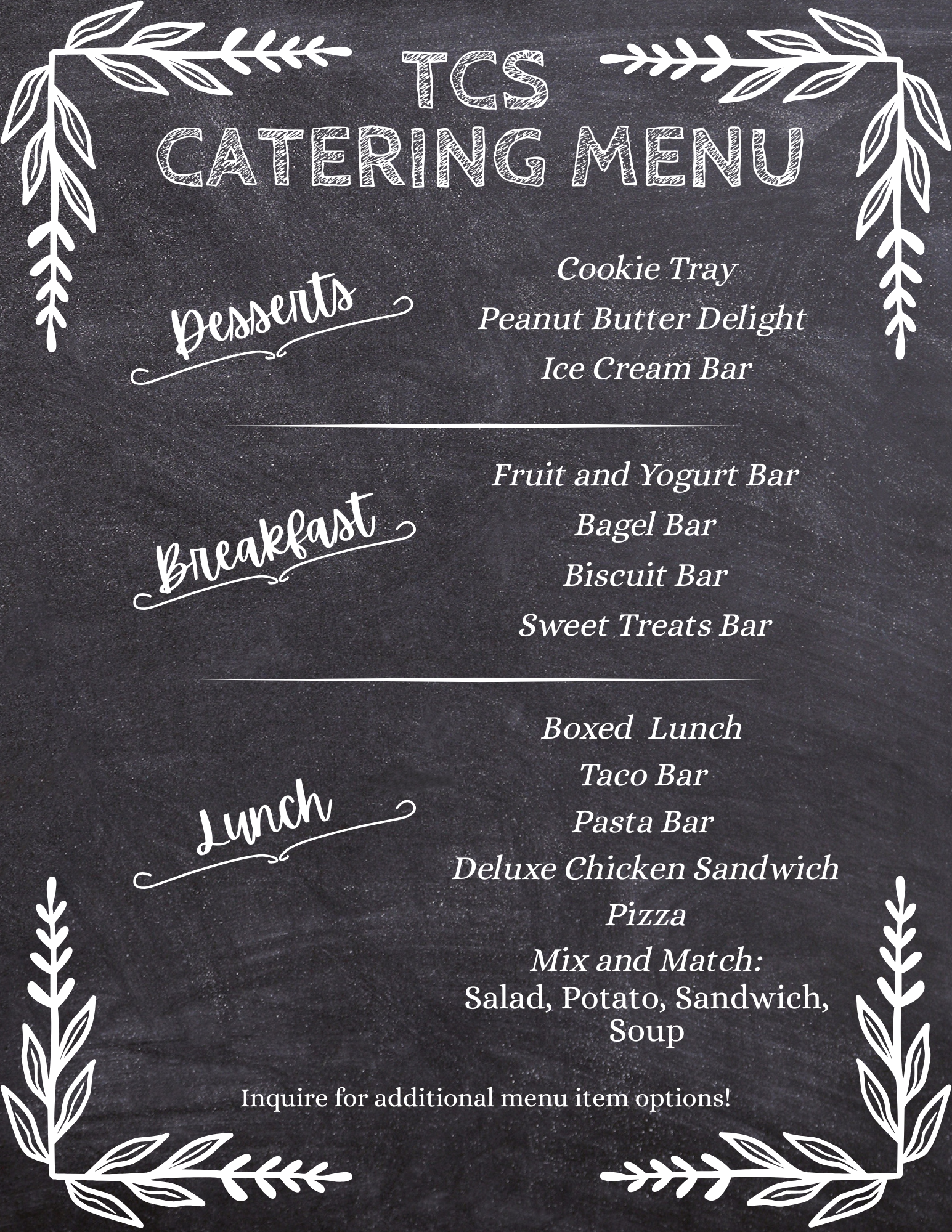 TCS School Nutrition Catering Menu 1
