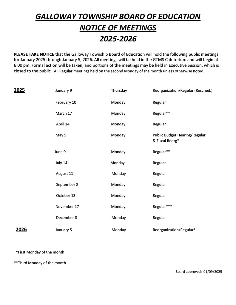 BOE Meeting Calendar