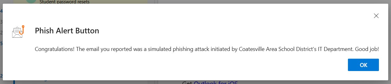 congratulations pop up for phish alert button