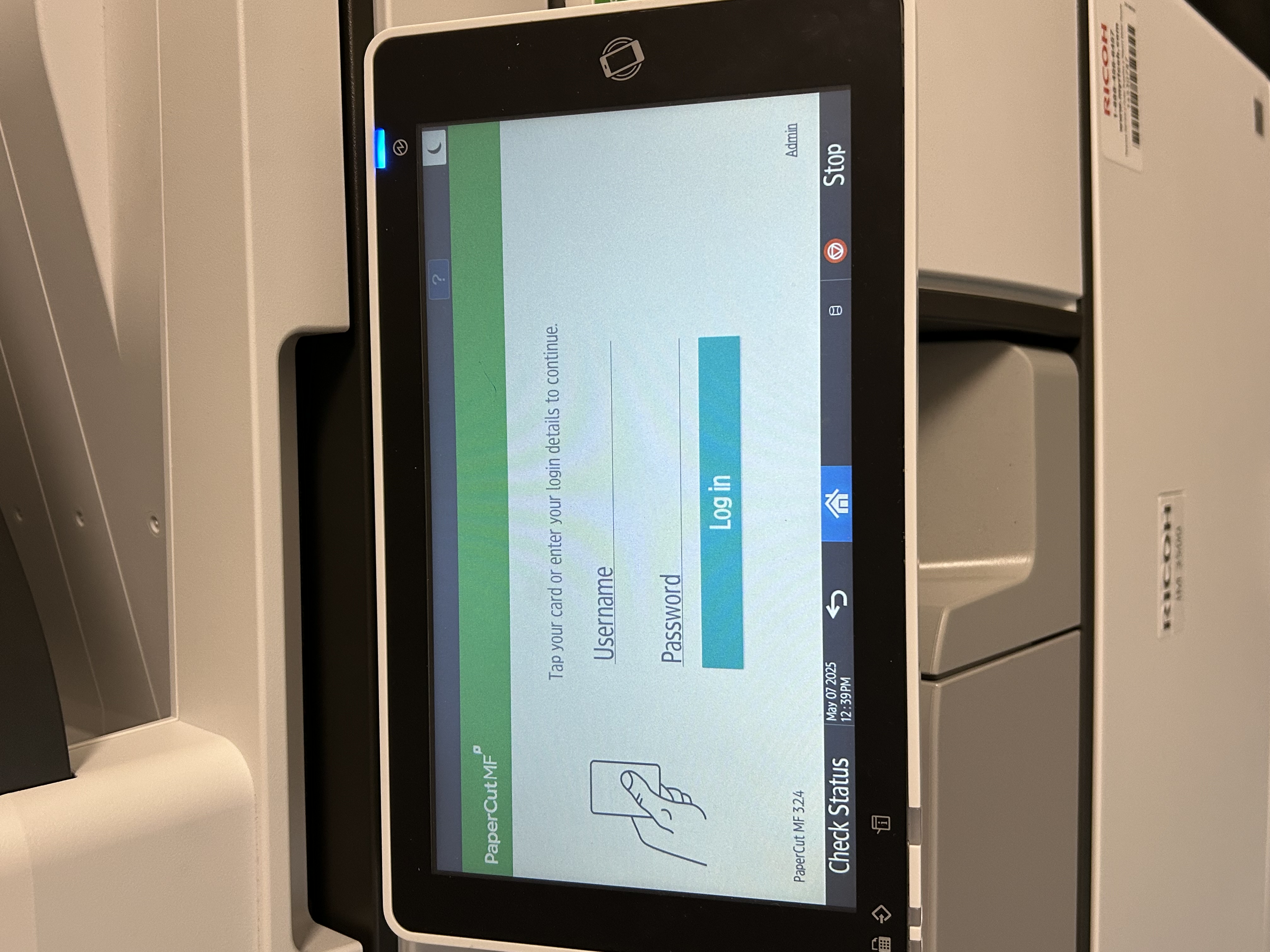 log in screen on ricoh printers