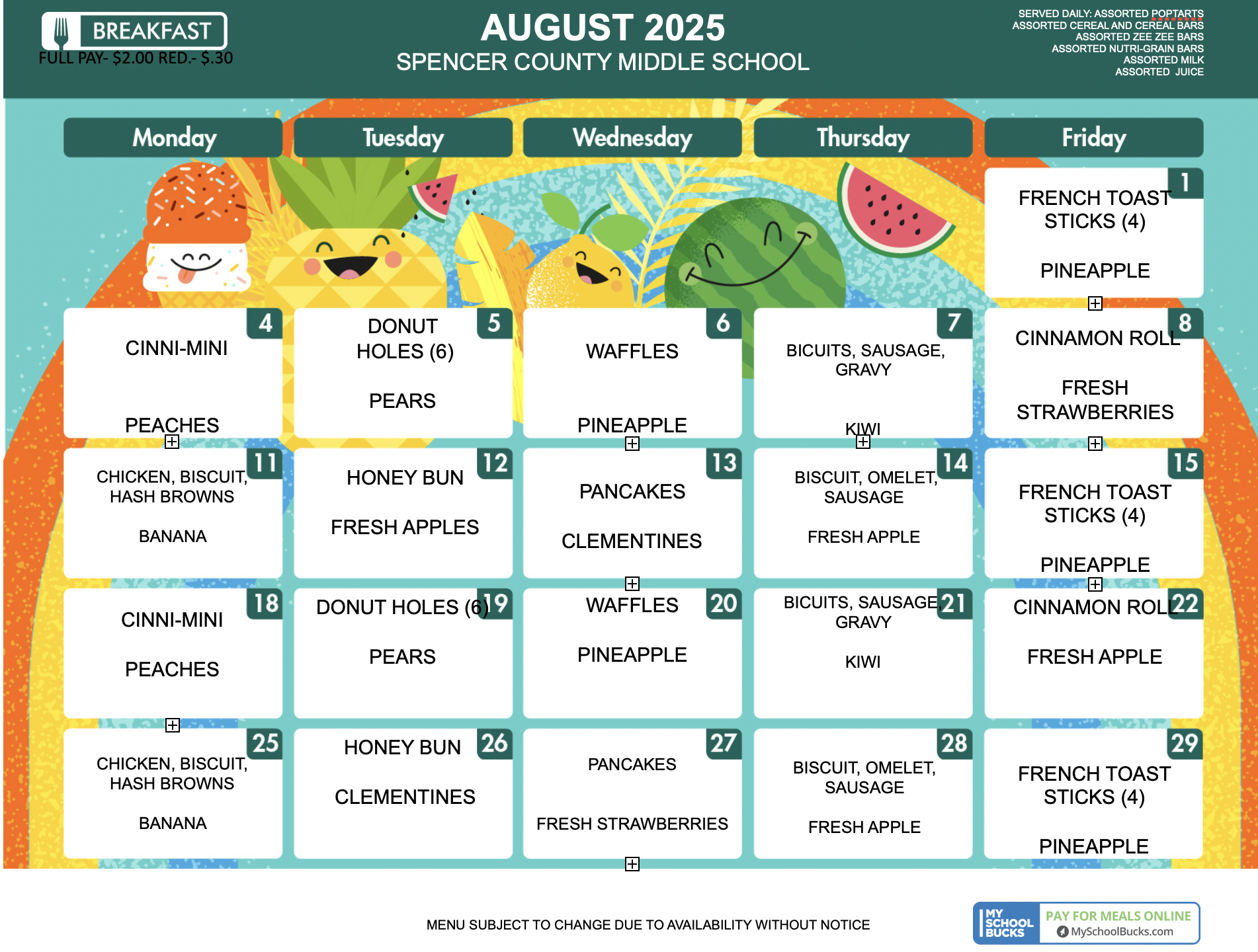 Breakfast Schedule August