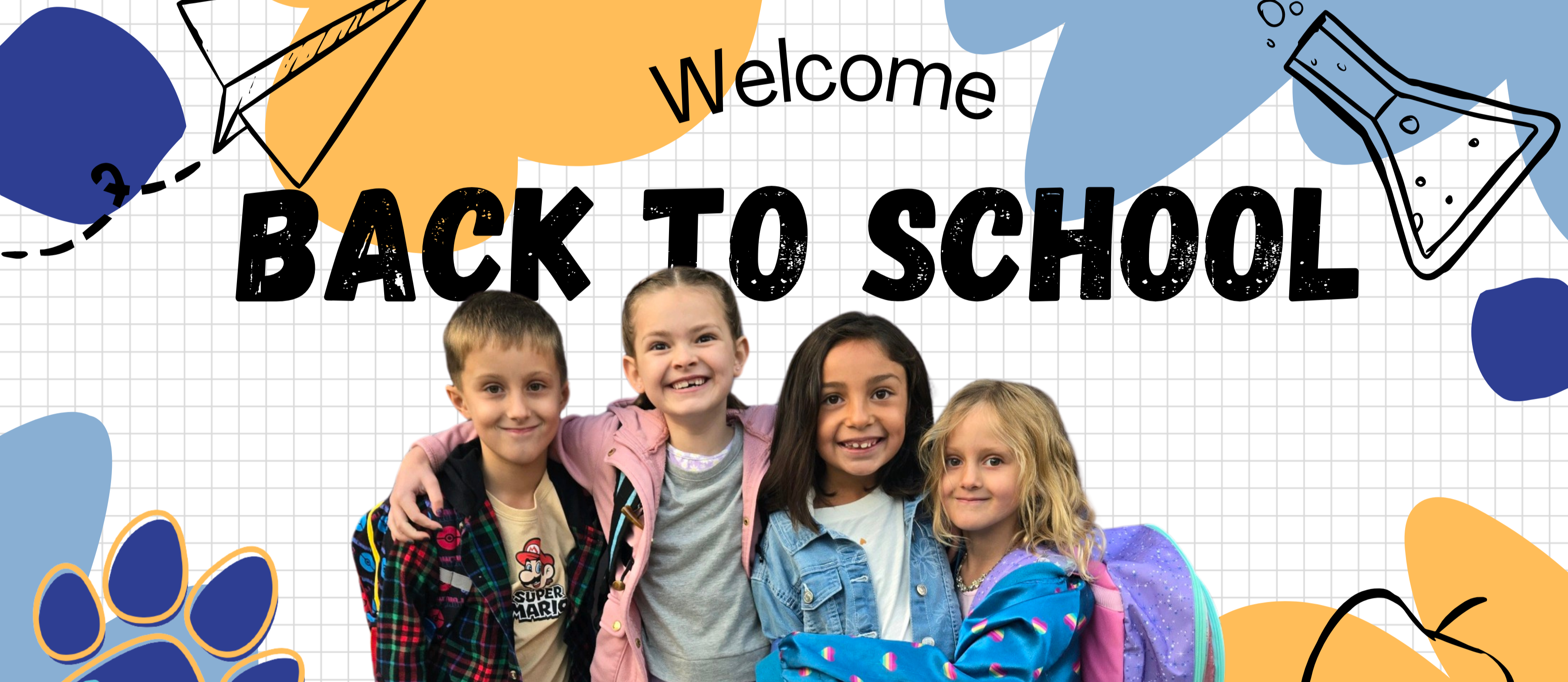 Students smiling on the first day of school with the text "welcome back to school" with school-related graphics