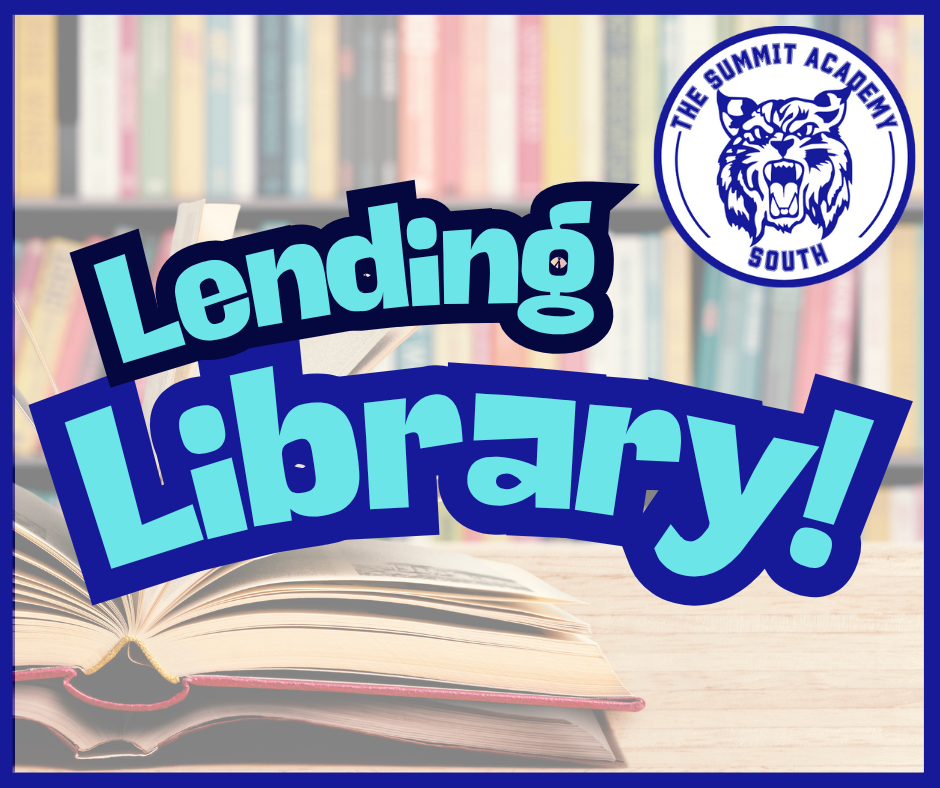 Photo of library with text that reads Lending Library with school logo