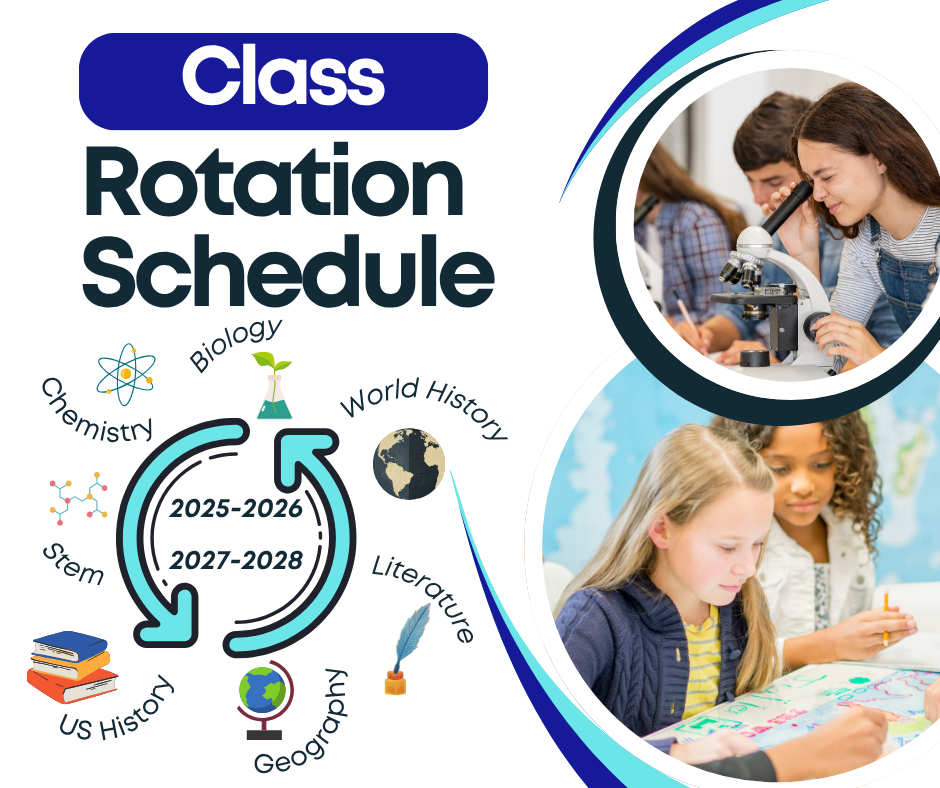 Image of students in science and geography class and text that reads class rotation schedule 2025-2026- 2027-2028 History , biology,  stem, history, etc. 