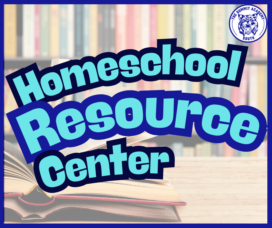 Photo of library with text that reads Homeschool Resource Center with school logo
