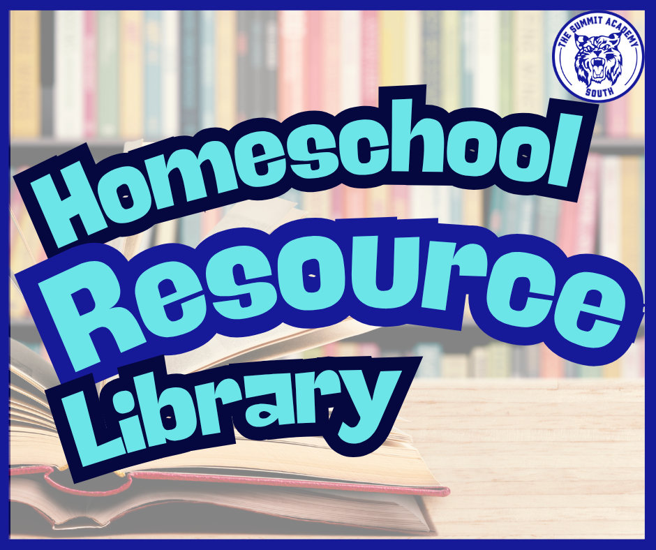 Photo of library with text that reads Homeschool Resource library with school logo