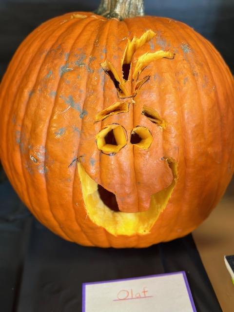 A photo of a painted pumpkin