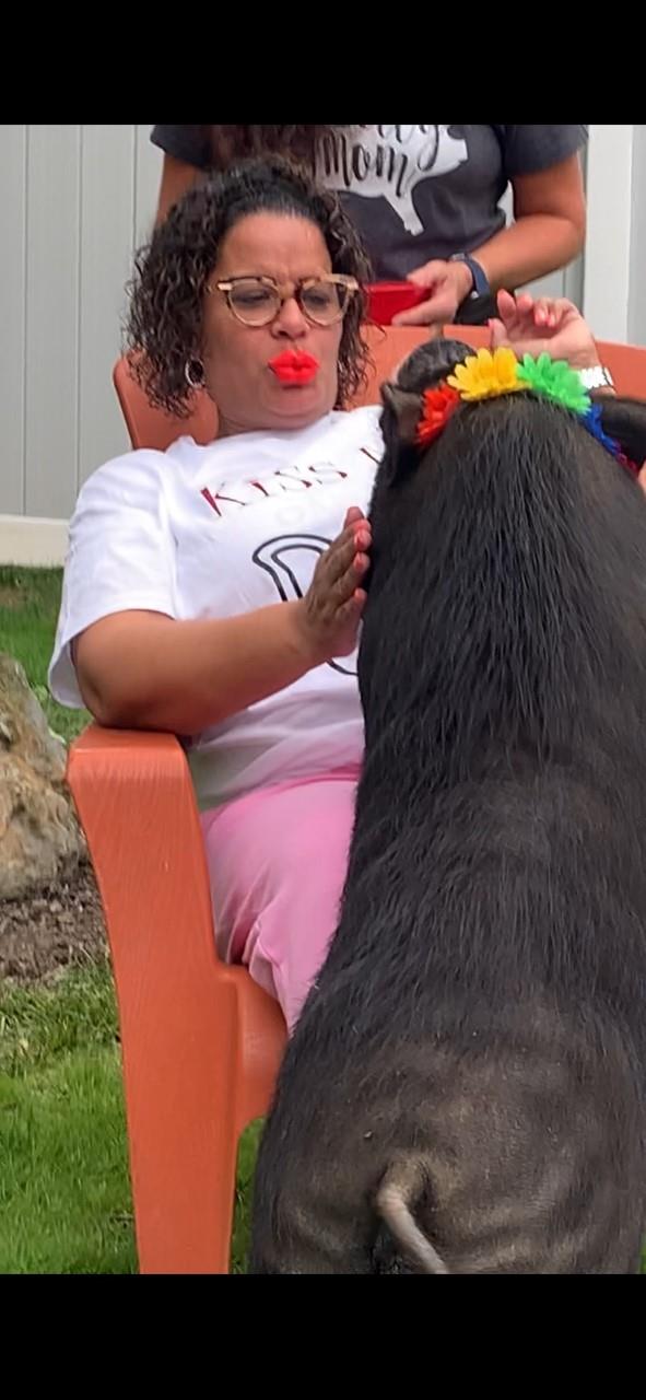 Woman in white shirt feeding a pig on a farm.