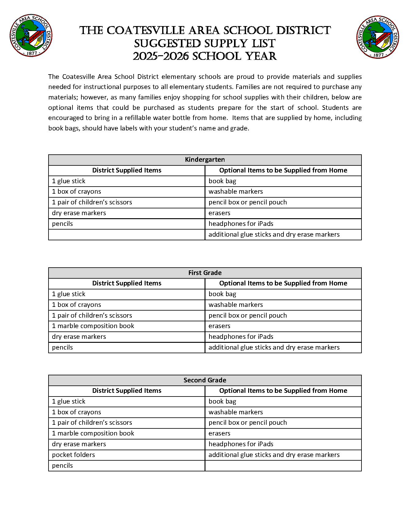 CASD Supply List