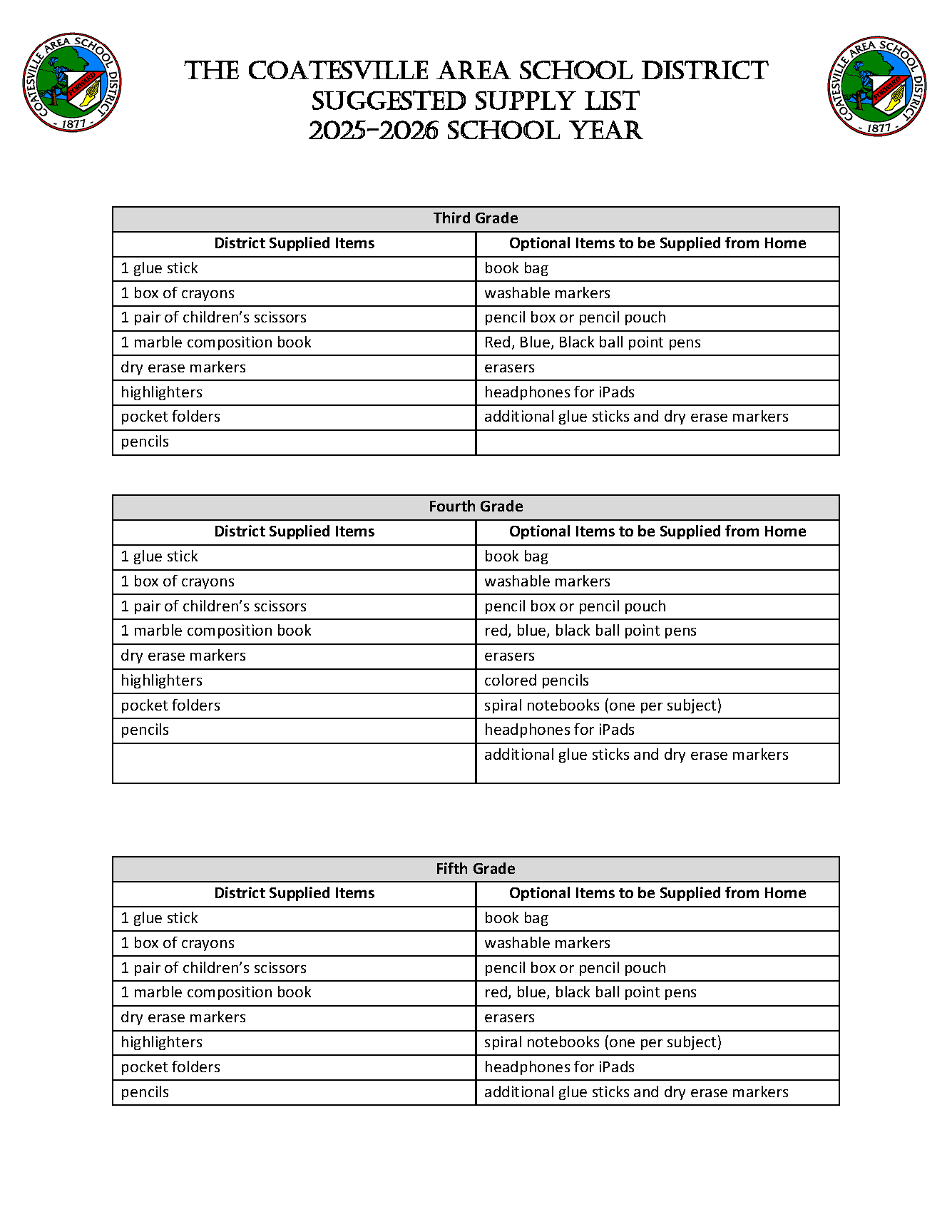 CASD Supply List
