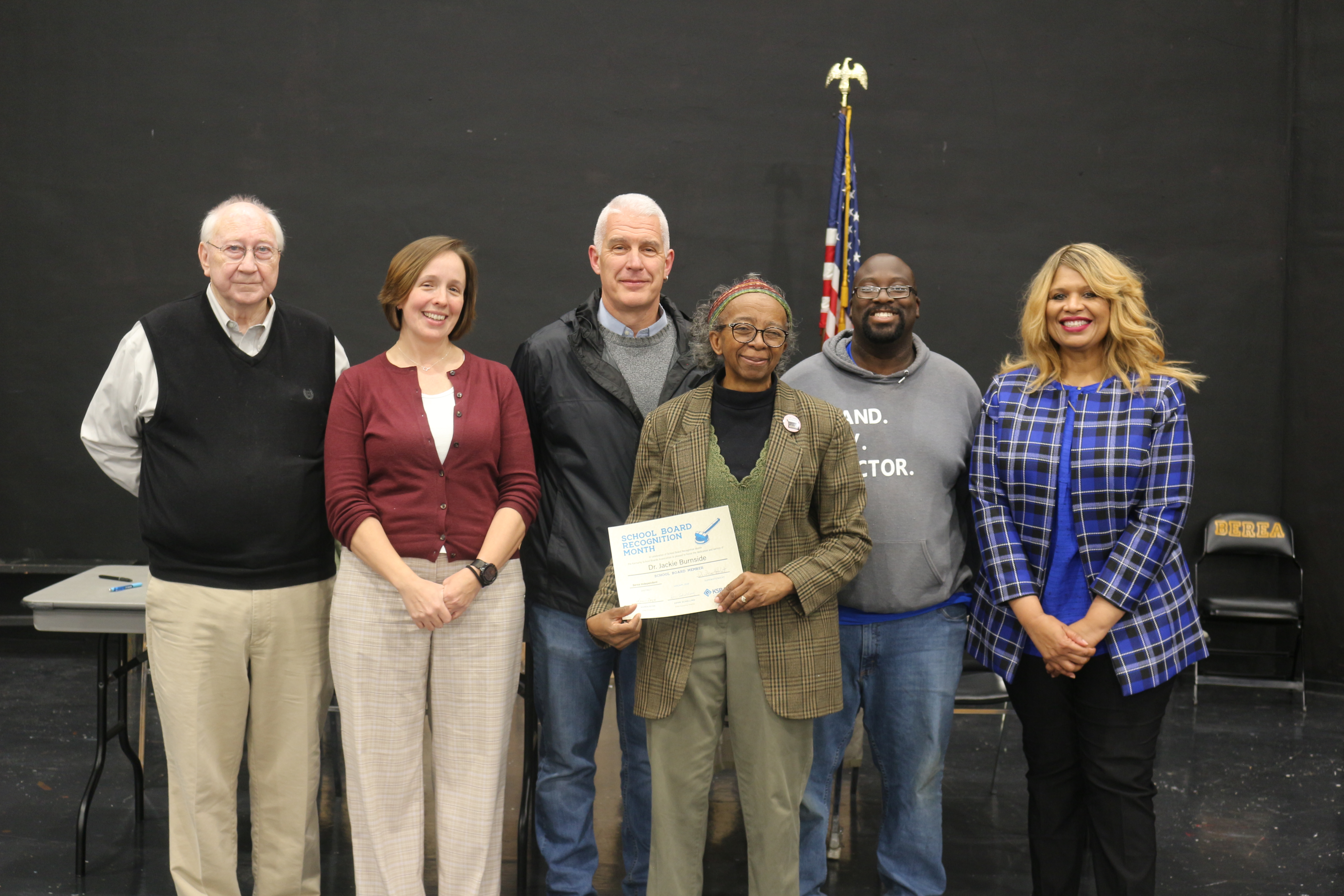 Board Members and Superintendent. Left to Right. Tome McCay, Sarah Rohrer, J Morgan, Dr. Jackie Burnside, Nathaniel Hackett, Superintendent Dr. Diane Hatchett