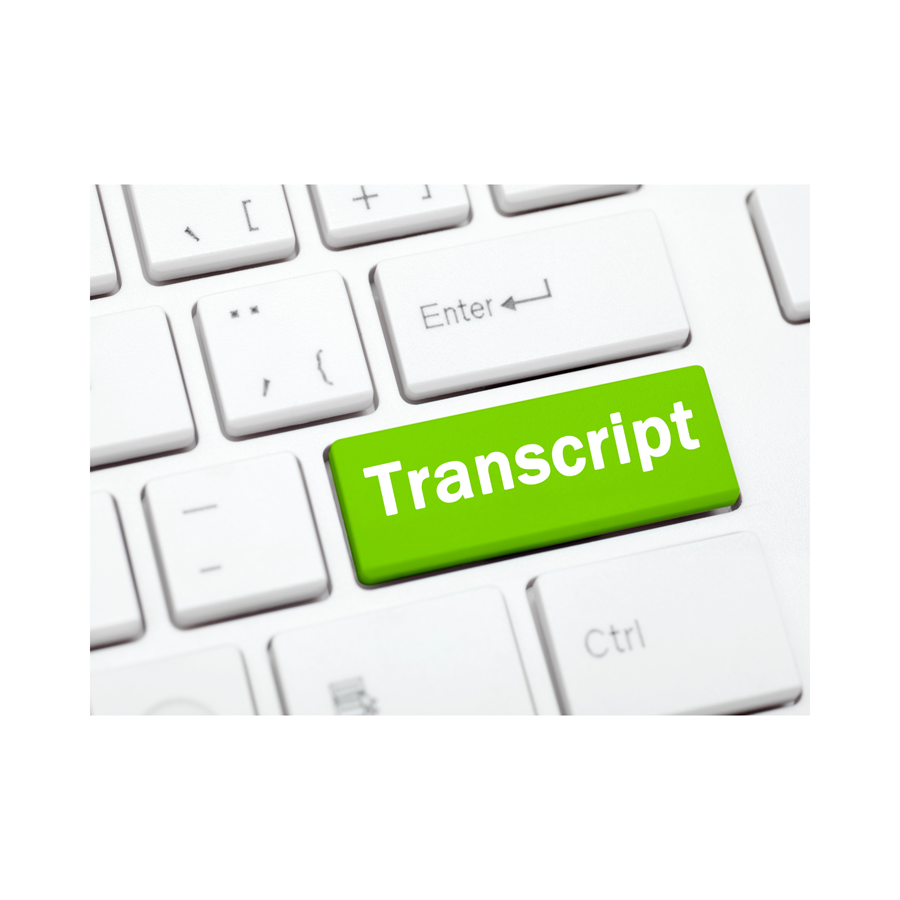 A keyboard with a green key on it with text reading "Transcript"