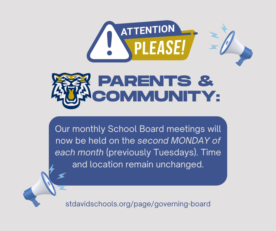 Attention Please! Parents & Community: Our monthly School Board meetings will now be held on the second MONDAY of each month (previously Tuesdays). Time and location remain unchanged