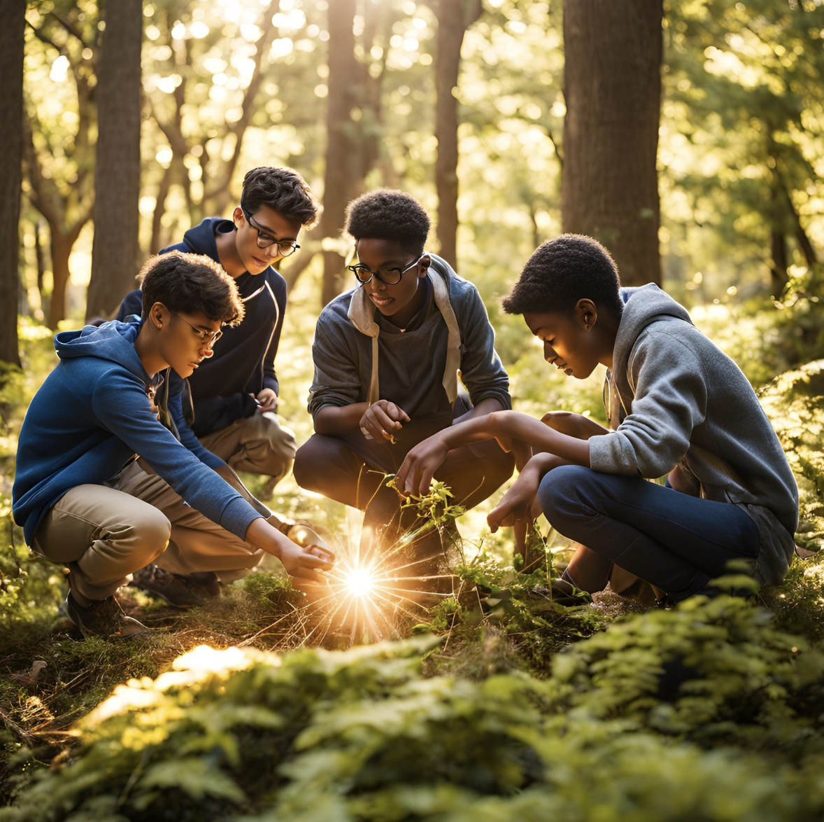 Boys exploring plants in the forest