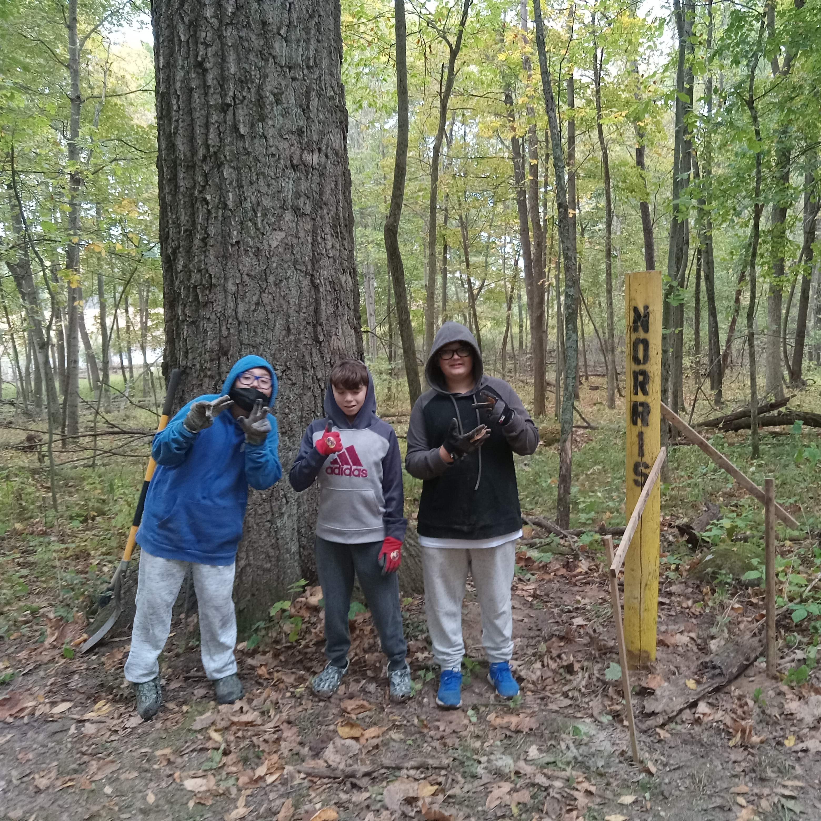 three young learners by trail signs