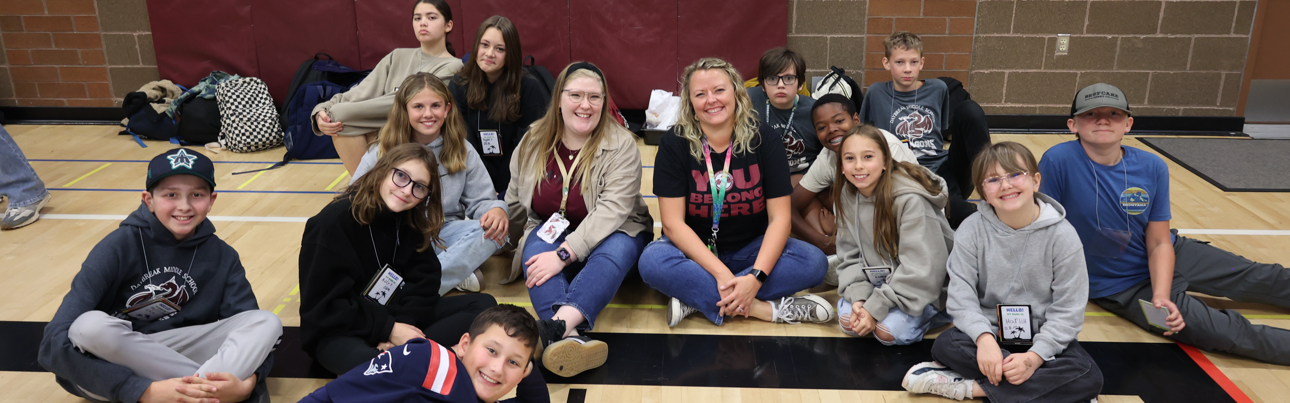 Students pose for a picture during a leadership activity.