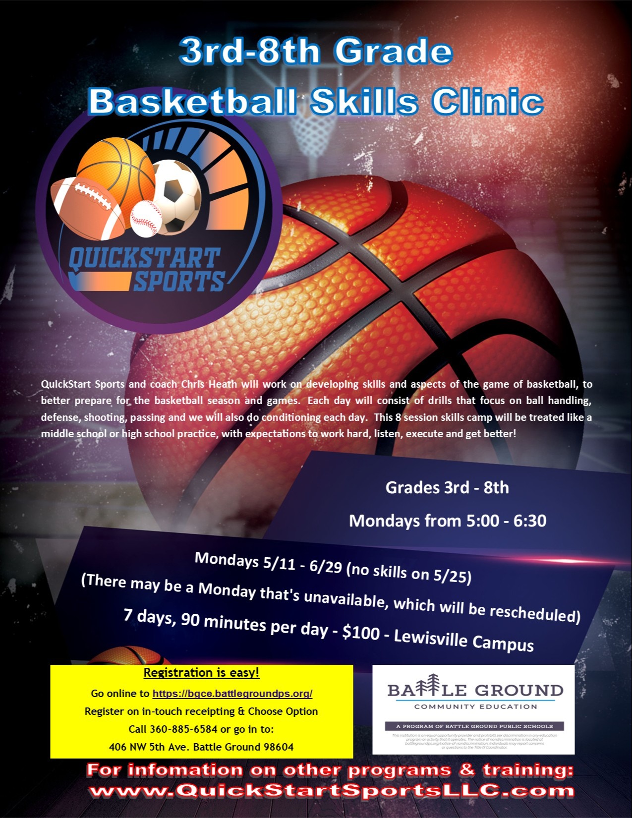 QuickStart Basketball Skills Clinic for 3rd - 8th graders