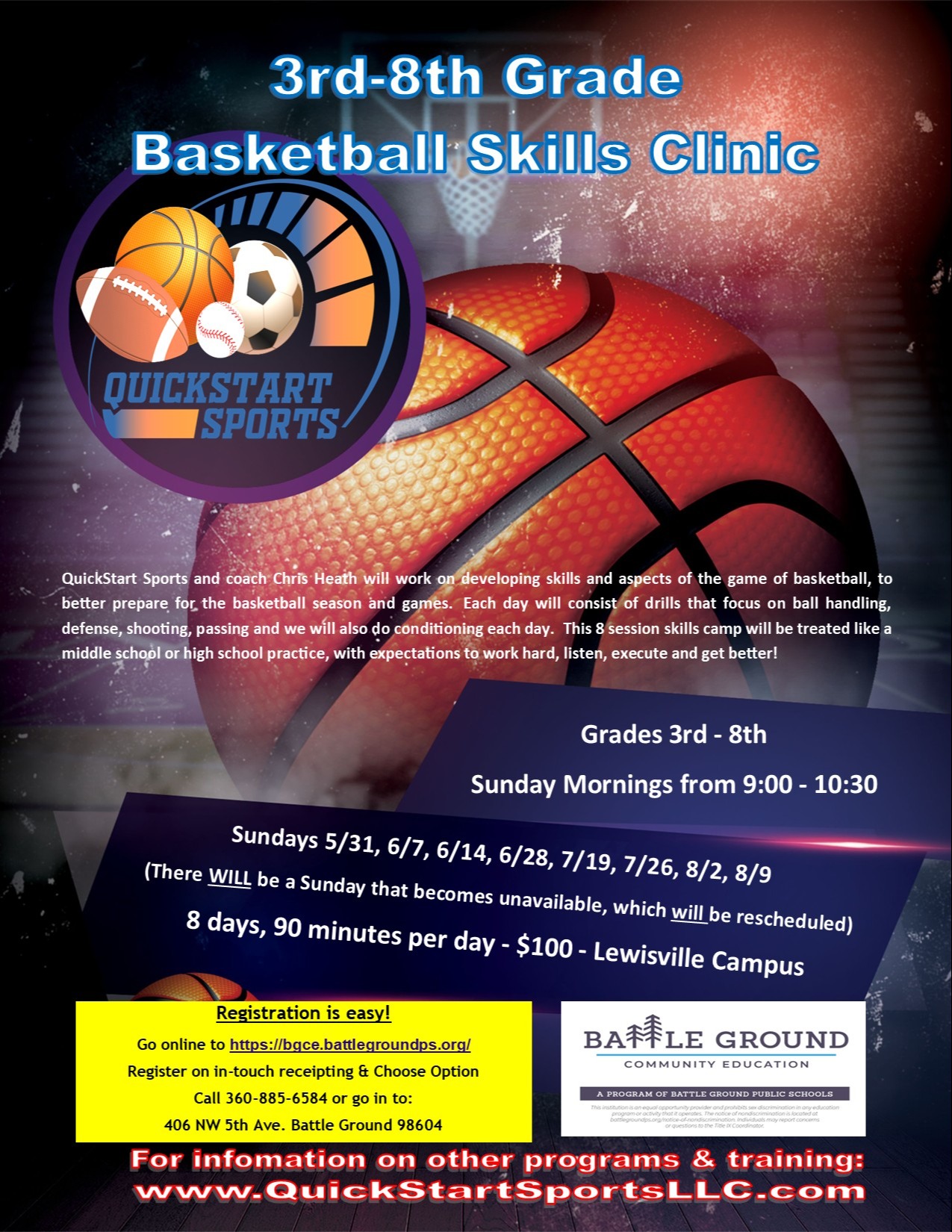 QuickStart Basketball Skills Clinic for 3rd - 8th graders