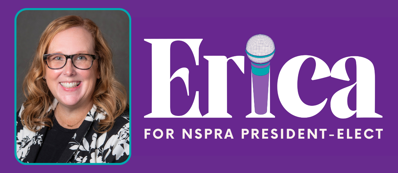 Purple background with image of Erica Chandler and reads Erica for NSPRA President-Elect 