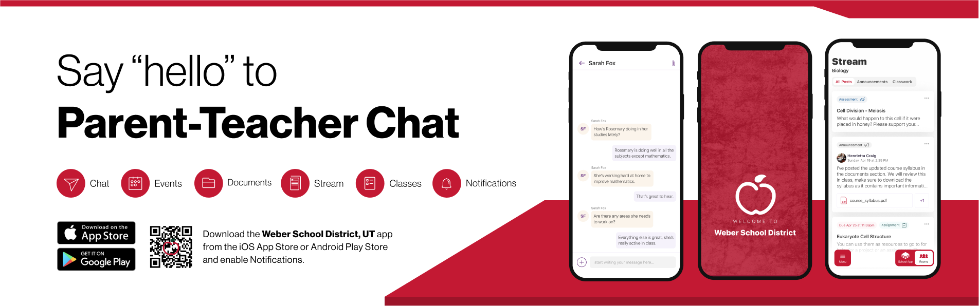 Say hello to Parent-Teacher chat in the new Rooms app. Download the Weber School District app in the Google Play or Apple App store