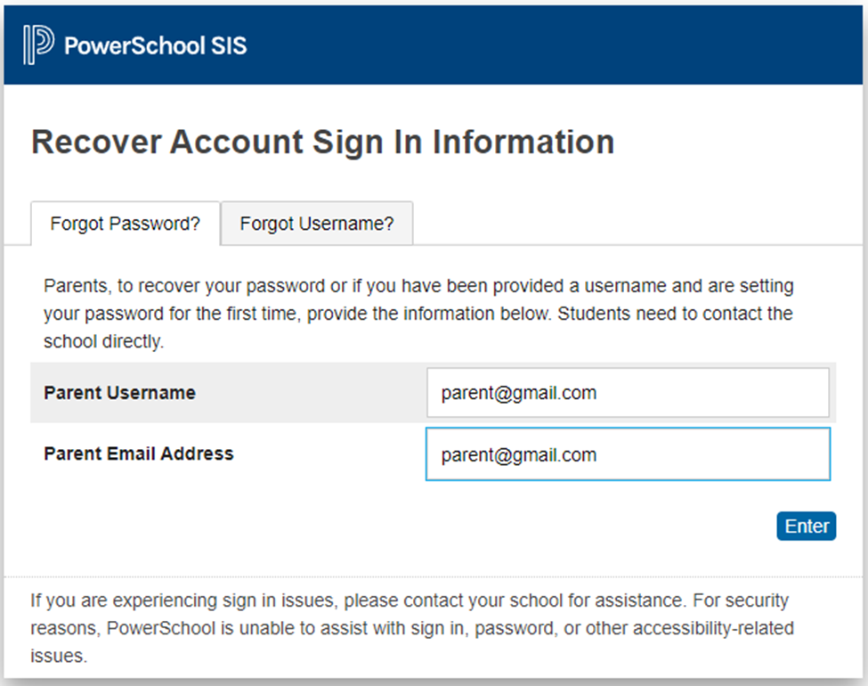 Screenshot of account recovery page showing the Parent Username and Parent Email Address field