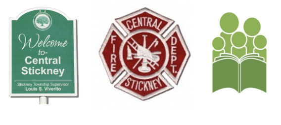 Welcome to "Central Stickney" sign, fire department sign and people animated silhouettes reading a book