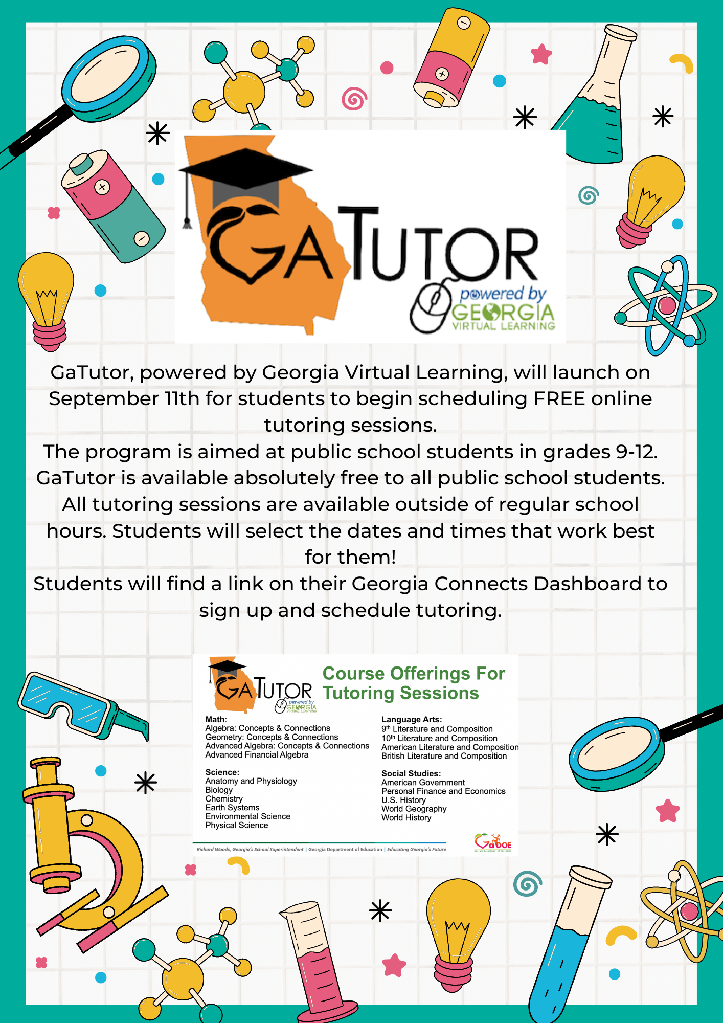 A colorful flyer promoting an educational program at Georgia Virtual Learning, scheduled for September 16th.