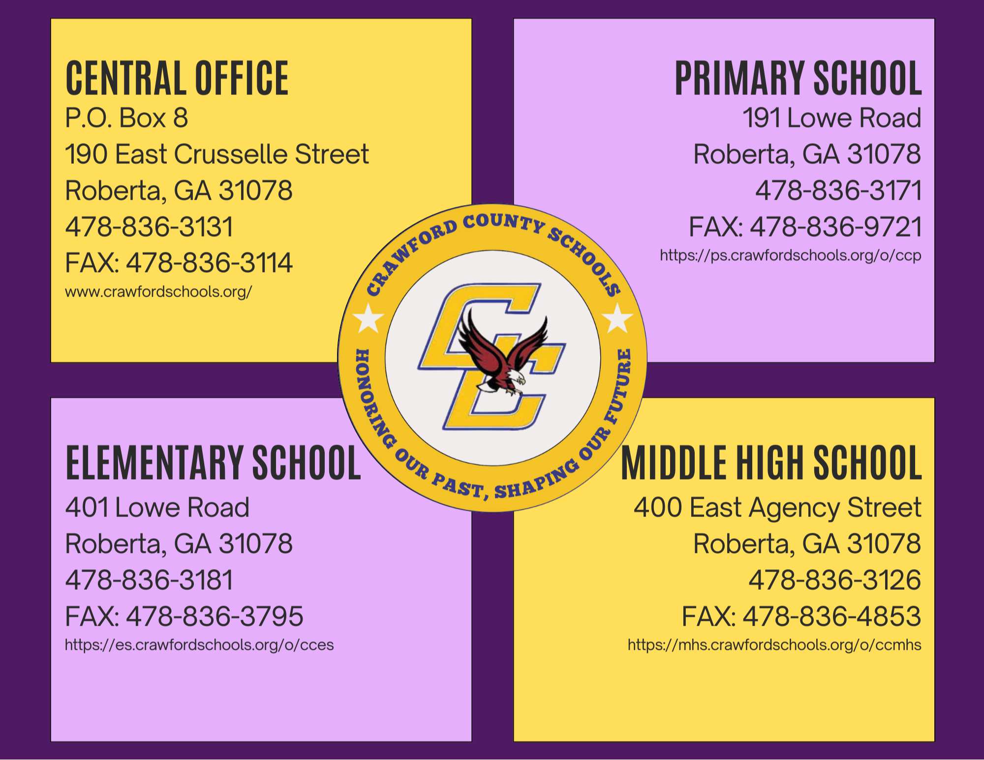 rawford County Schools contact information graphic showing addresses and phone numbers for the Central Office, Primary School, Elementary School, and Middle High School surrounding the district logo.