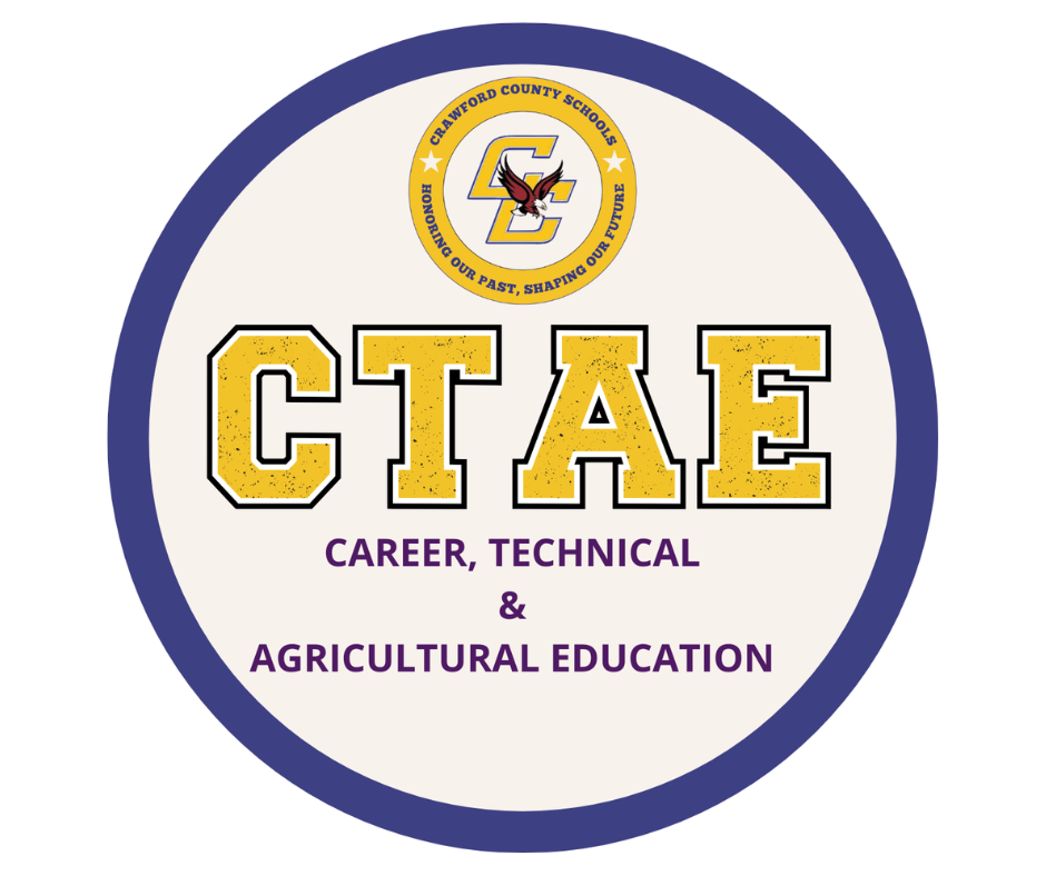 Circular Crawford County Schools CTAE logo with a purple border. At the top is the Crawford County Schools seal with an eagle and the motto “Honoring Our Past, Shaping Our Future.” Large gold letters “CTAE” appear in the center with black outlines. Below it reads “Career, Technical & Agricultural Education” in purple text.
