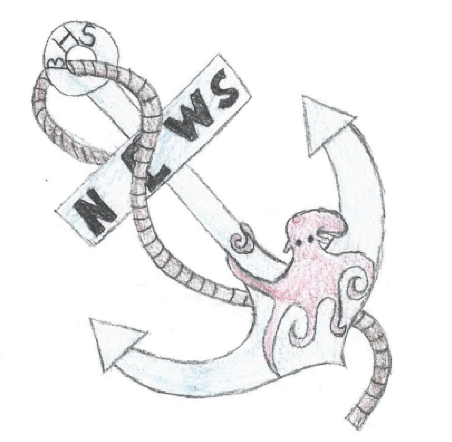 A hand drawn anchor with an octopus hanging on. The words BHS News is written on the anchor.